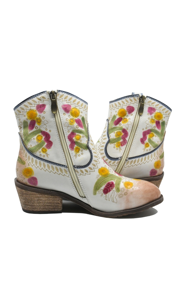 Imagine Ghete damă stil western cu model floral, albe din piele naturală FLGZM766-41
