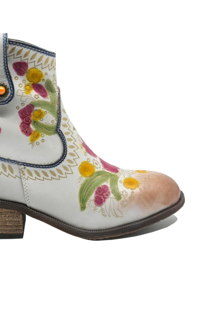 Imagine Ghete damă stil western cu model floral, albe din piele naturală FLGZM766-41