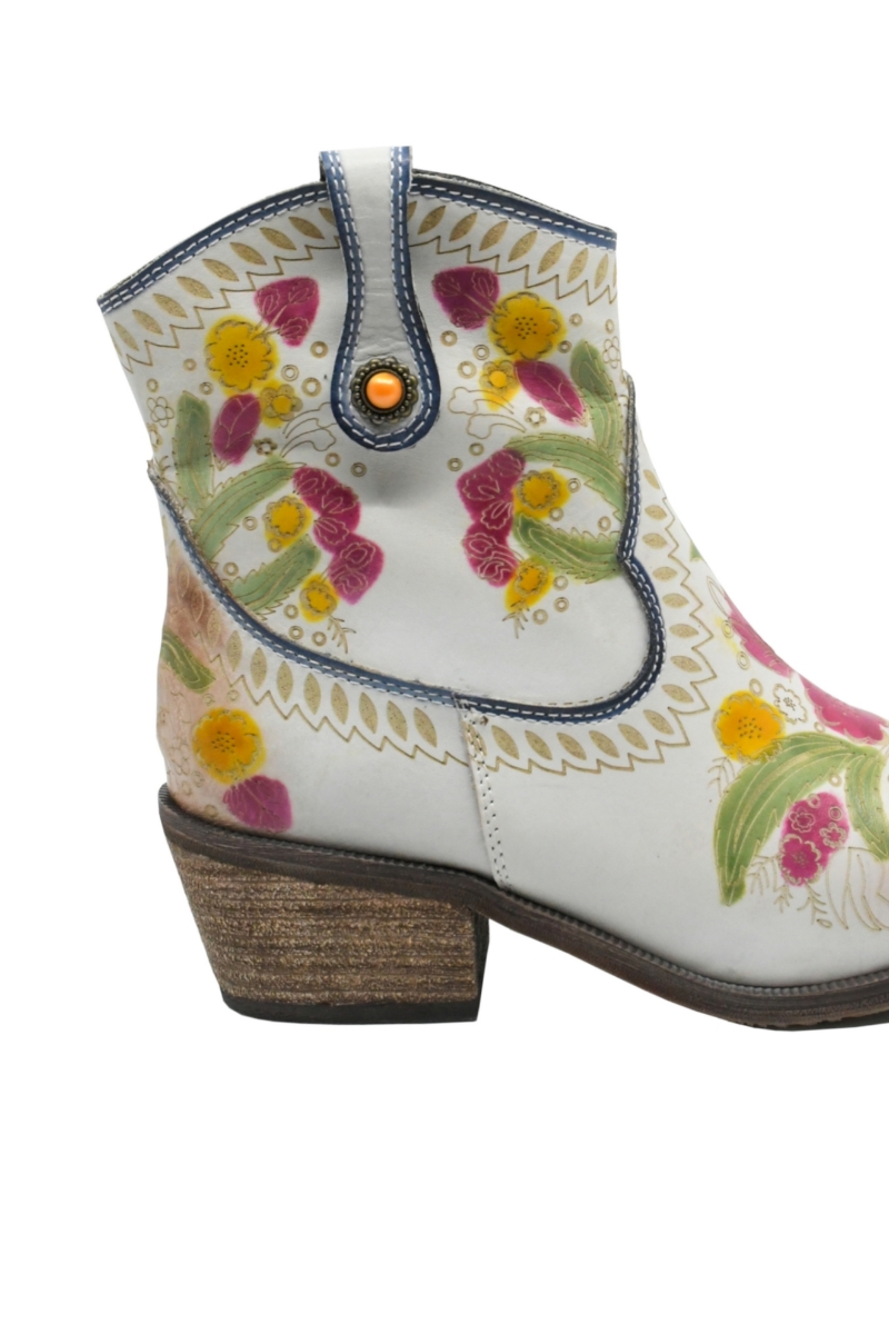 Imagine Ghete damă stil western cu model floral, albe din piele naturală FLGZM766-41