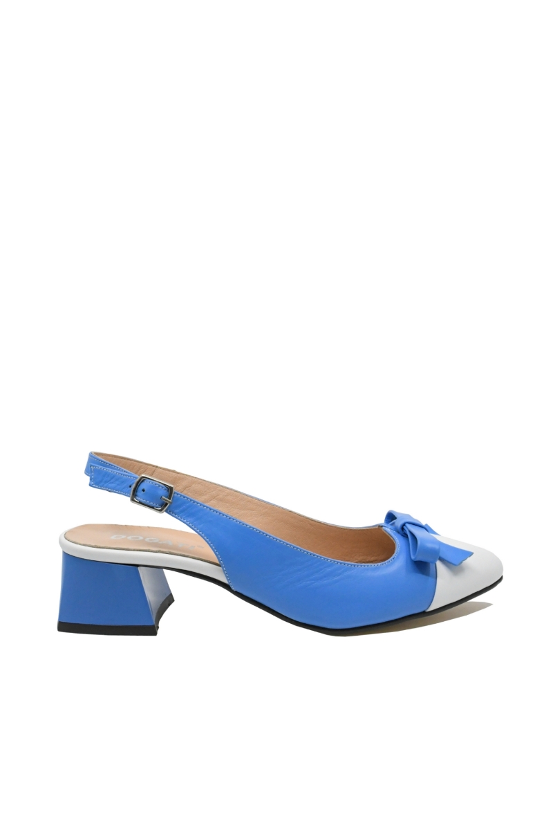 Imagine Pantofi decupați cu toc jos și fundiță, blue navy cu alb, din piele naturală MIR1385