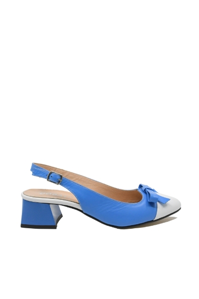 Imagine Pantofi decupați cu toc jos și fundiță, blue navy cu alb, din piele naturală MIR1385