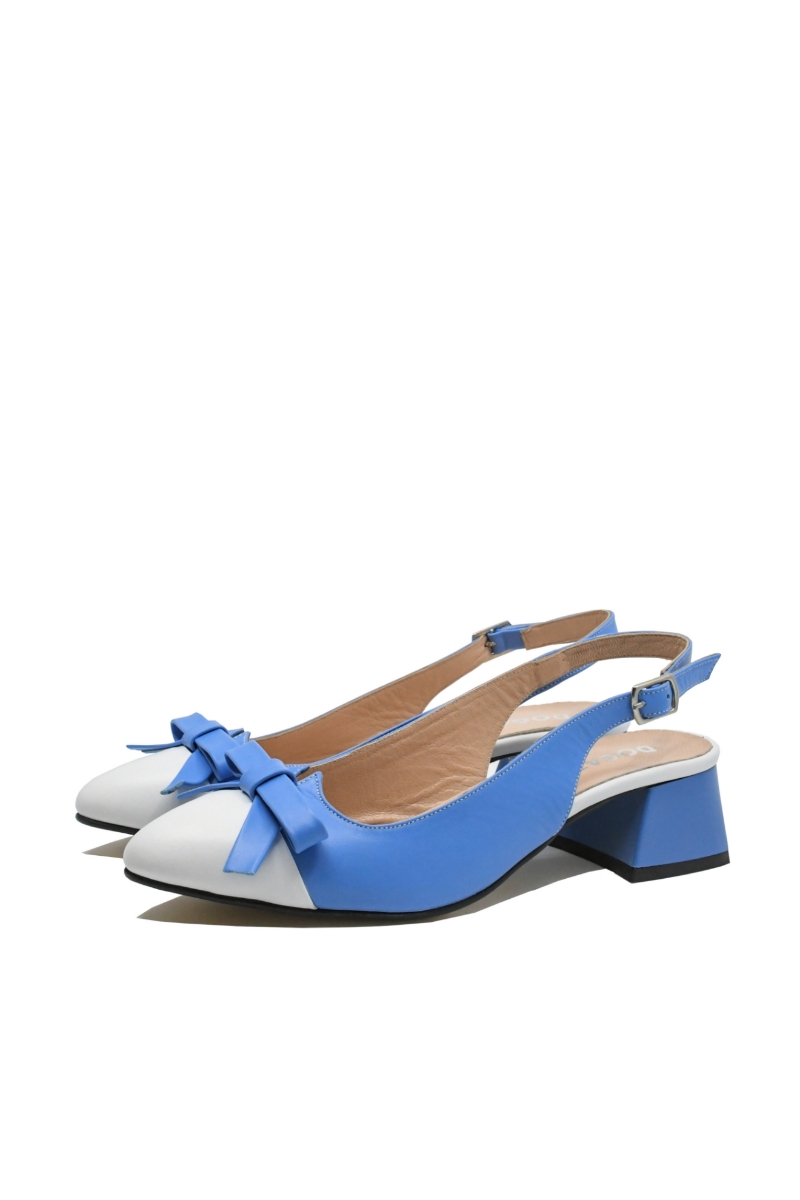 Imagine Pantofi decupați cu toc jos și fundiță, blue navy cu alb, din piele naturală MIR1385