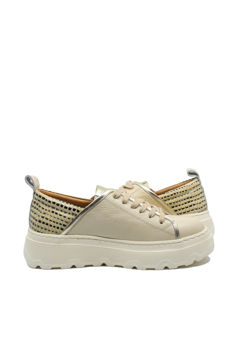 Imagine Pantofi sport bej aurii din piele naturală granulată și detalii croco MIR432