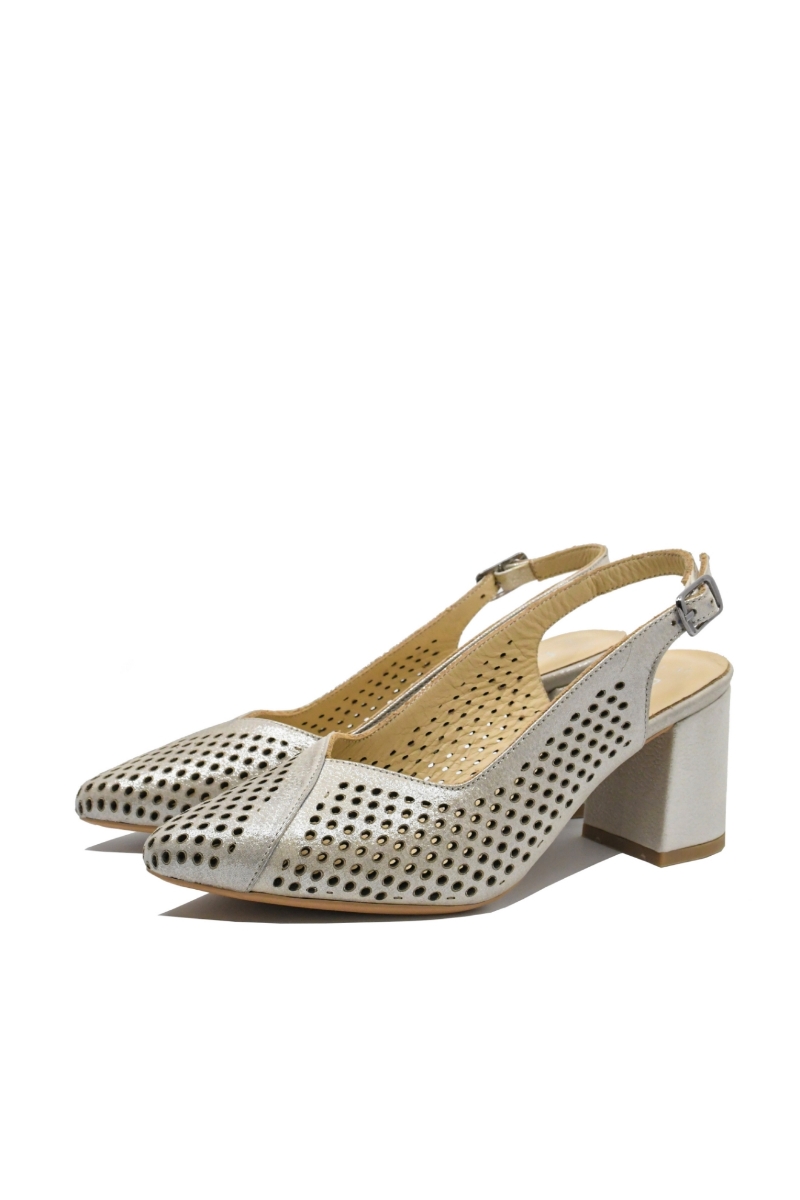 Imagine Pantofi decupați eleganți bej sidefat, din piele naturală cu model perforat MIR991