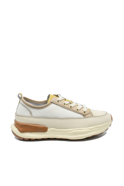 Imagine Pantofi sport damă din piele naturală, bej cu detalii galben FNX18001-3