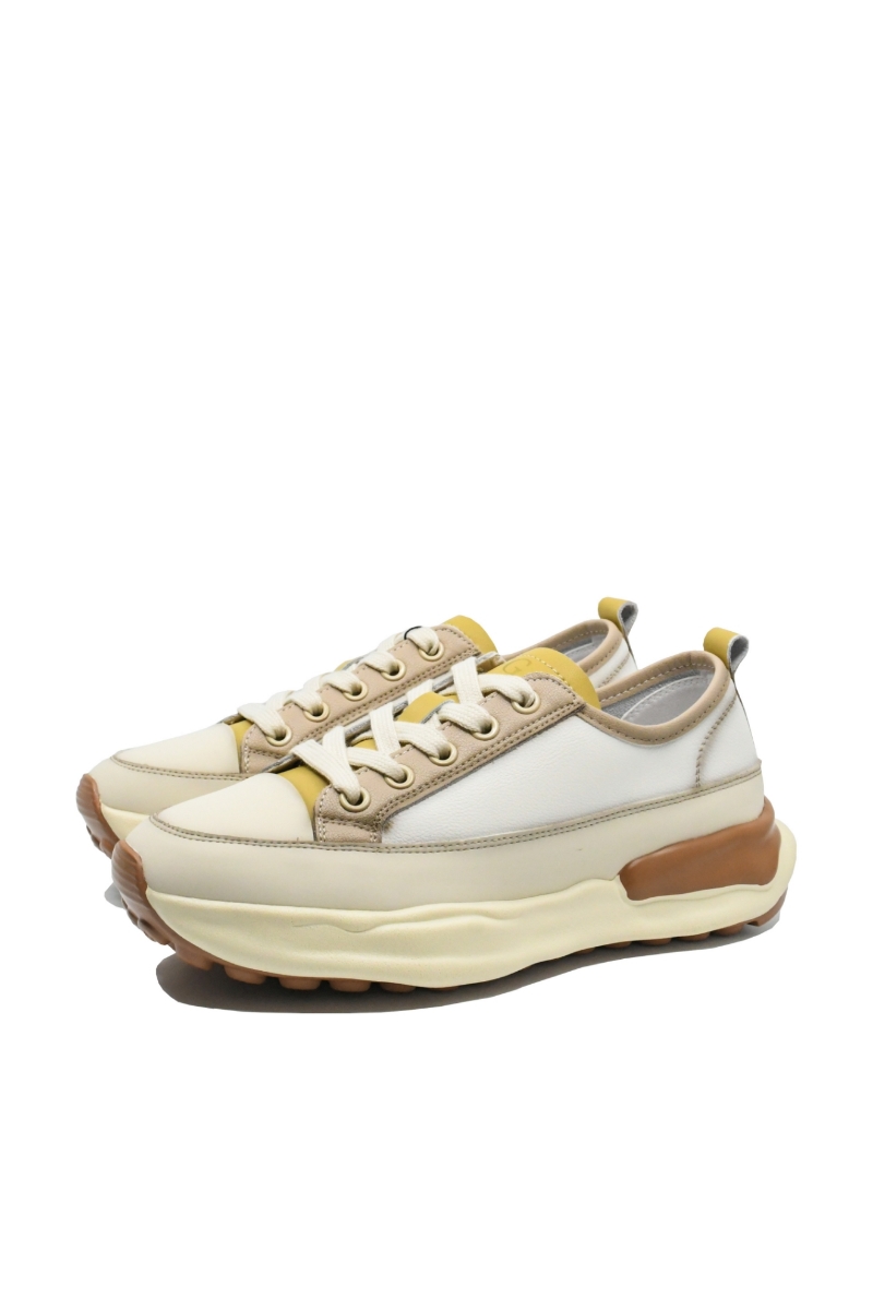 Imagine Pantofi sport damă din piele naturală, bej cu detalii galben FNX18001-3