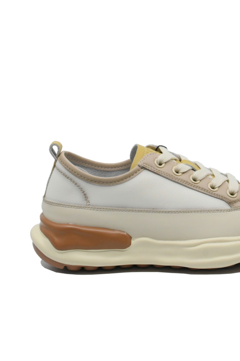 Imagine Pantofi sport damă din piele naturală, bej cu detalii galben FNX18001-3