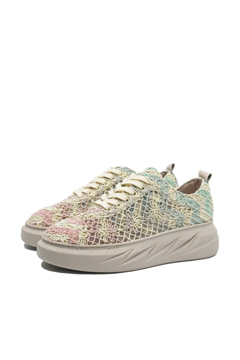Imagine Sneakers de vară anatomici din dantelă bej cu detalii multicolore MIR450-011