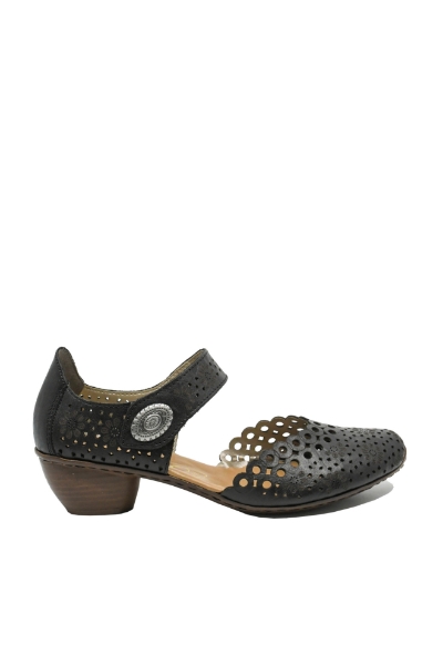 Imagine Pantofi decupați negri din piele naturală cu perforații dantelate RIK43753-00