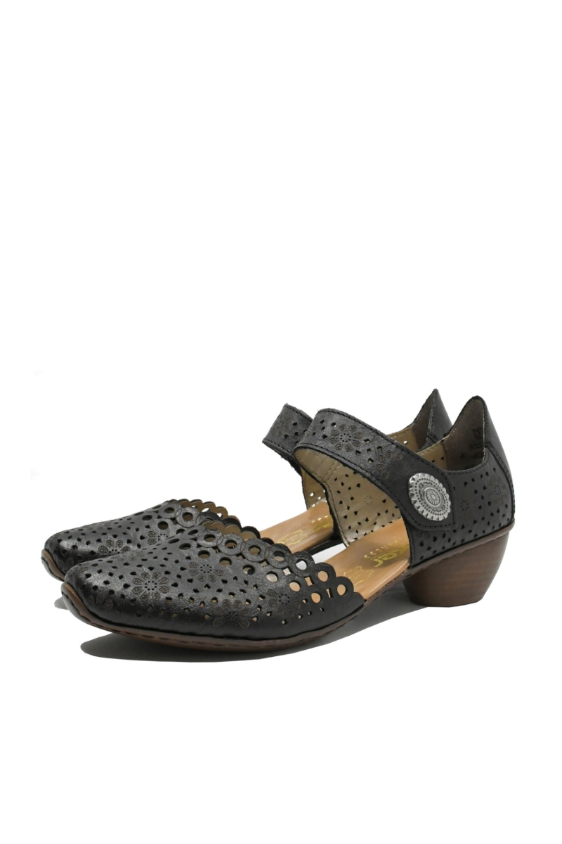 Imagine Pantofi decupați negri din piele naturală cu perforații dantelate RIK43753-00