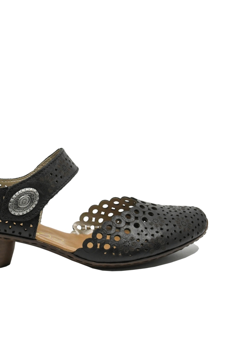 Imagine Pantofi decupați negri din piele naturală cu perforații dantelate RIK43753-00