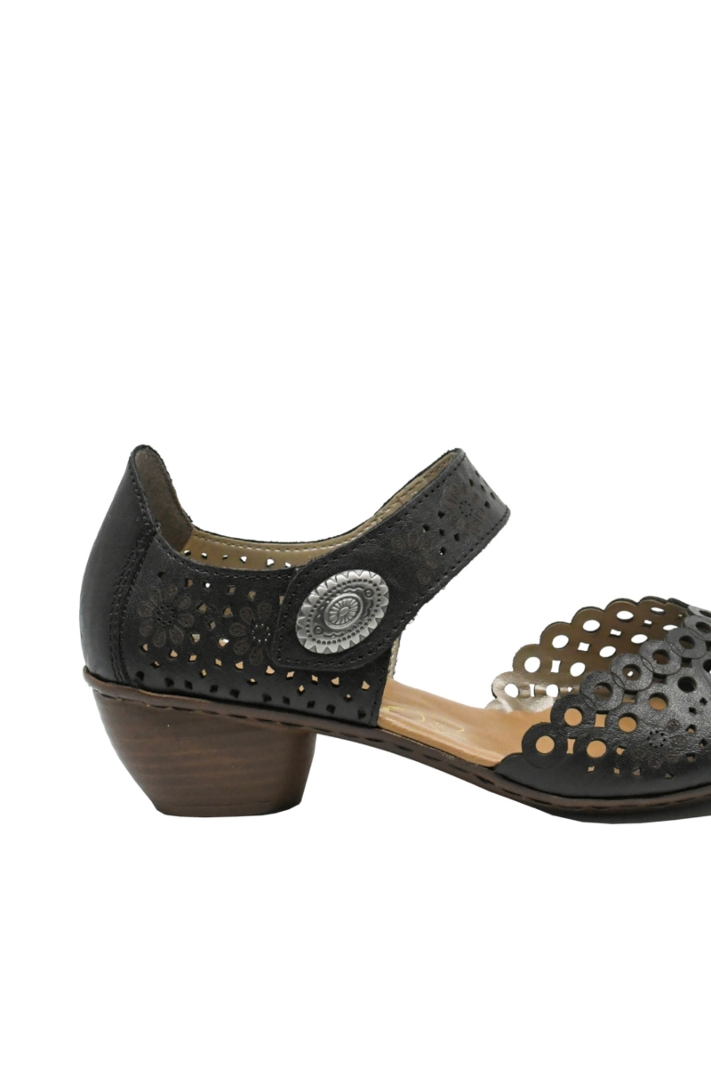 Imagine Pantofi decupați negri din piele naturală cu perforații dantelate RIK43753-00