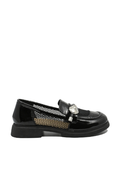 Imagine Pantofi chic stil loafer negri din lac cu inserții de plasă FNX58019