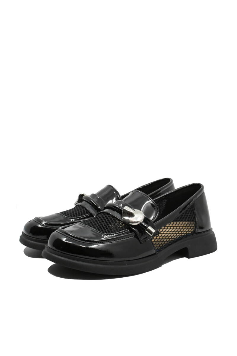 Imagine Pantofi chic stil loafer negri din lac cu inserții de plasă FNX58019