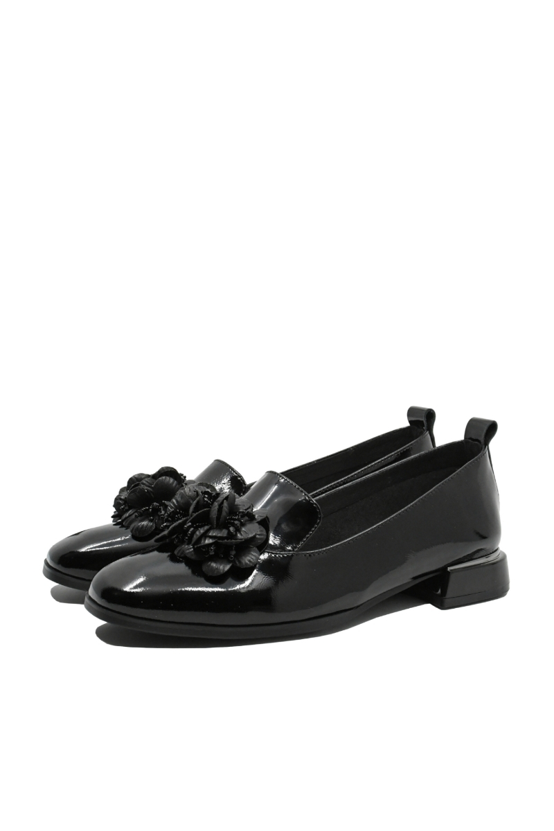 Imagine Pantofi damă negri din lac, cu buchet floral FLG3426