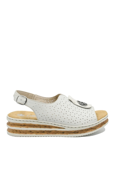 Imagine Sandale damă wedge, albe, cu logo medalion decorativ RIK62902-80