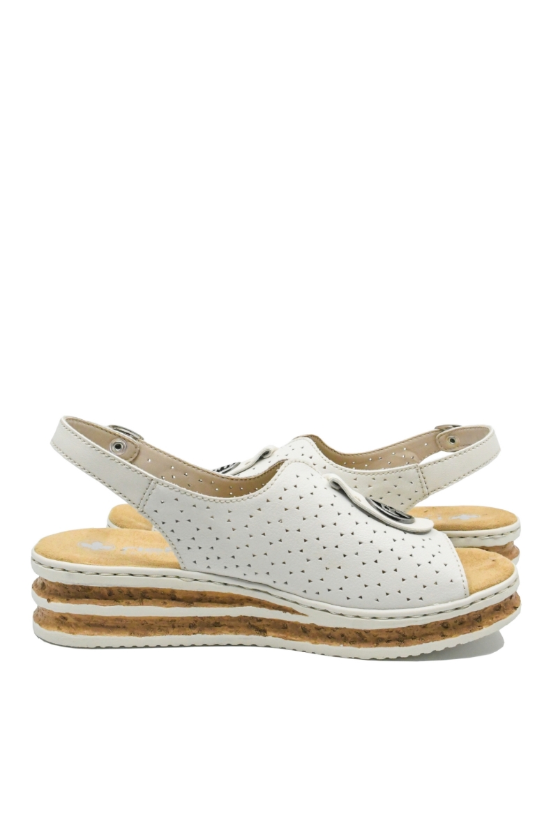 Imagine Sandale damă wedge, albe, cu logo medalion decorativ RIK62902-80