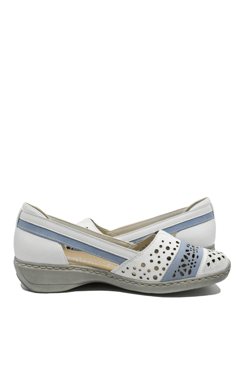 Imagine Mocasini damă din piele naturală albi, cu detalii bleu RIK41358-80