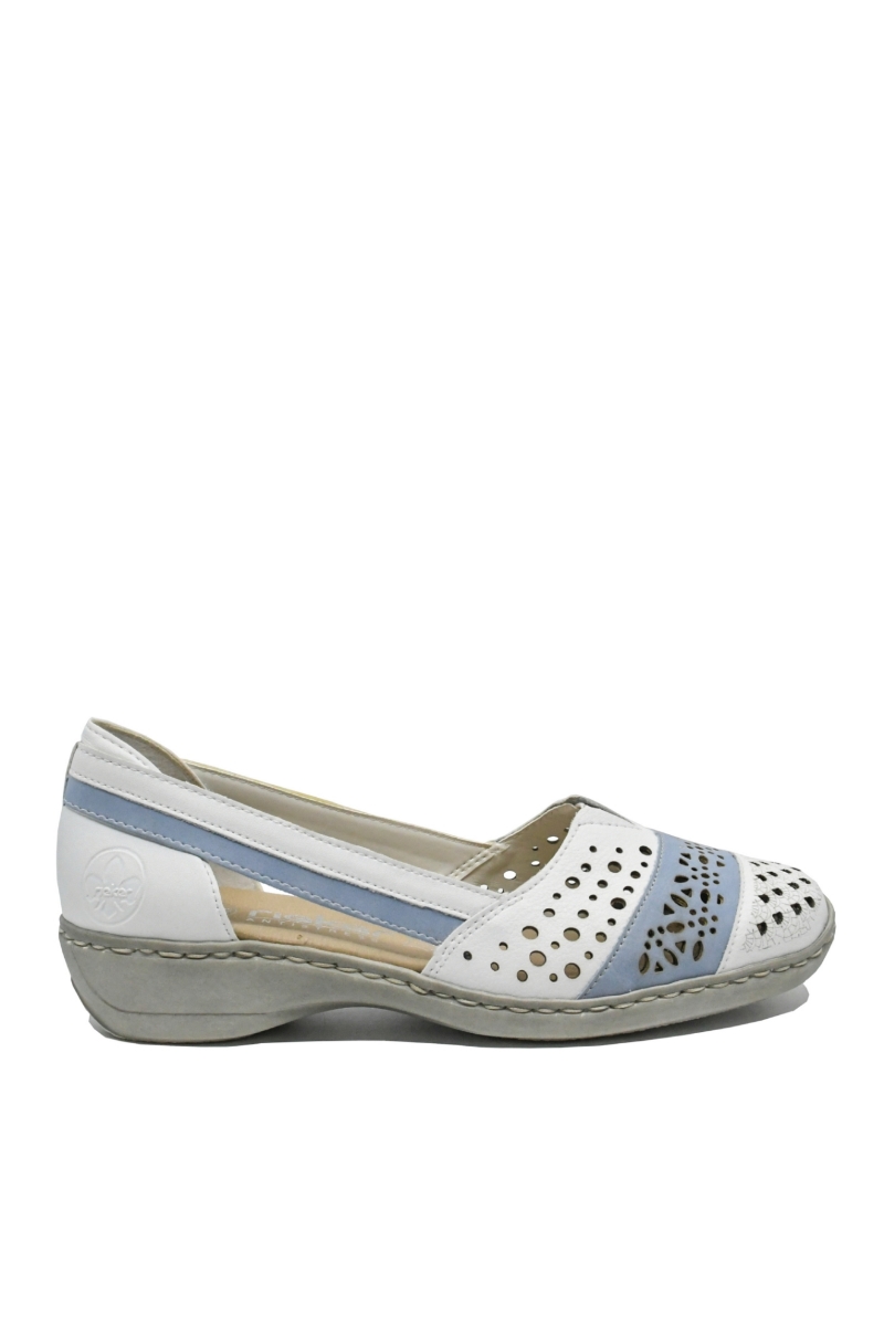 Imagine Mocasini damă din piele naturală albi, cu detalii bleu RIK41358-80