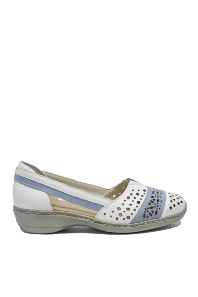 Imagine Mocasini damă din piele naturală albi, cu detalii bleu RIK41358-80