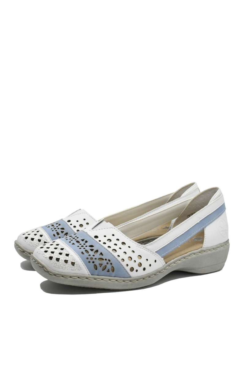 Imagine Mocasini damă din piele naturală albi, cu detalii bleu RIK41358-80
