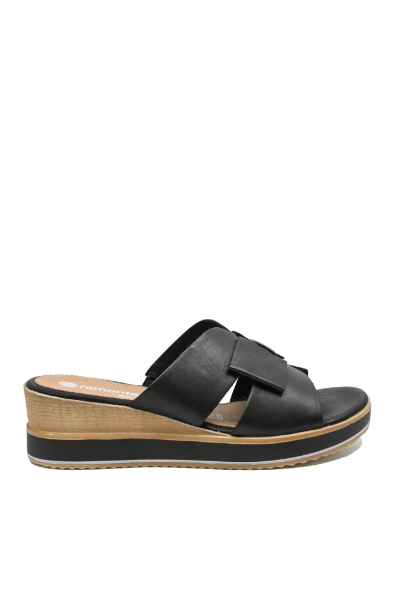 Imagine Saboți wedge cu fundiță, negri, din piele naturală REMD6456-00