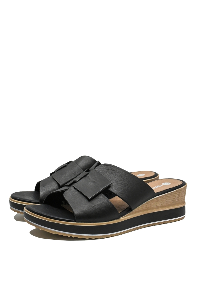 Imagine Saboți wedge cu fundiță, negri, din piele naturală REMD6456-00