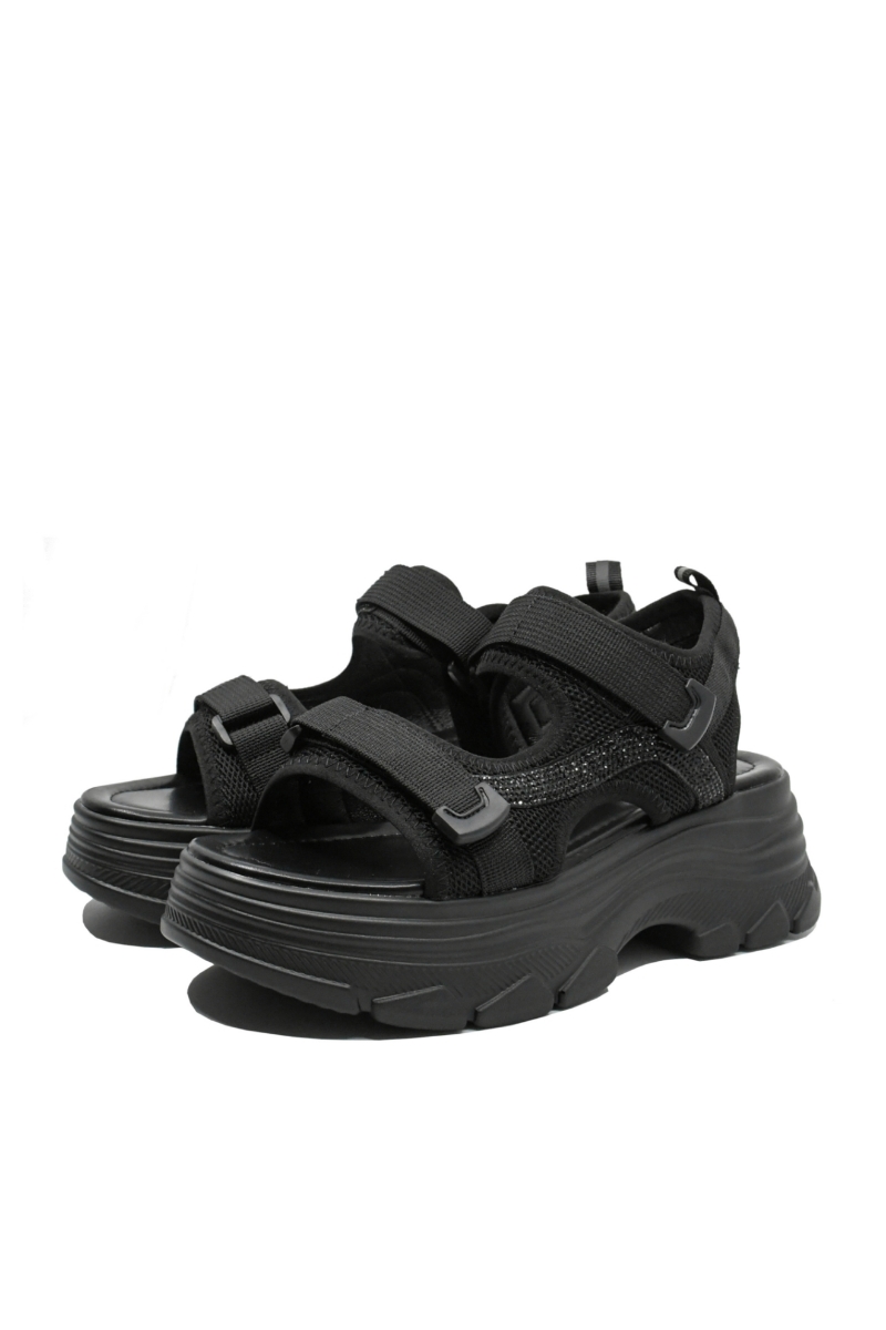 Imagine Sandale cu platformă negre, textil și piele naturală FNX49026