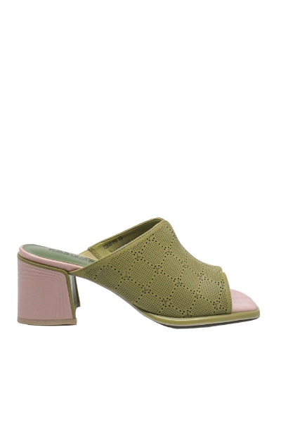 Imagine Saboți ușori cu toc din piele naturală, kaki cu toc roz OTR60019