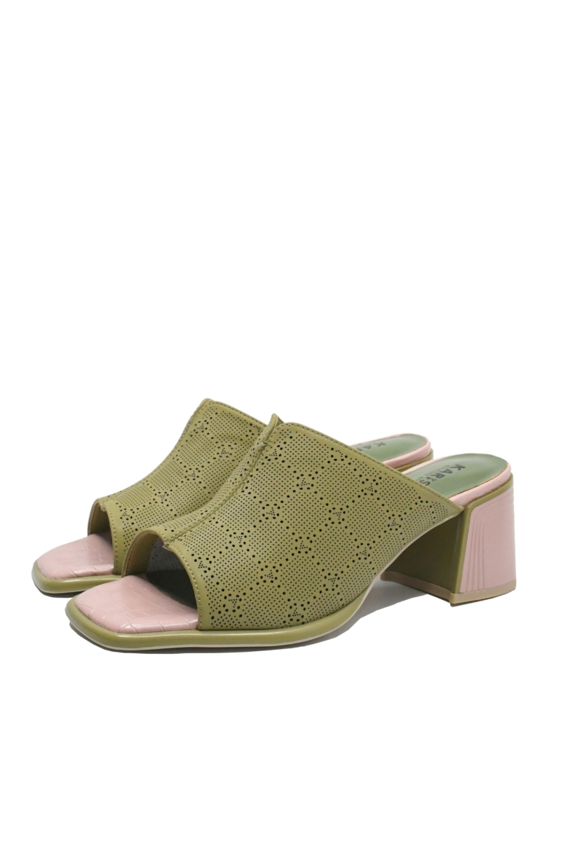 Imagine Saboți ușori cu toc din piele naturală, kaki cu toc roz OTR60019