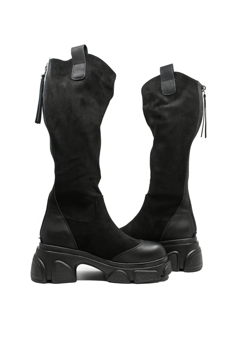 Imagine Cizme damă cu platformă și carâmb moale, negre, din piele naturală FNX2661-1