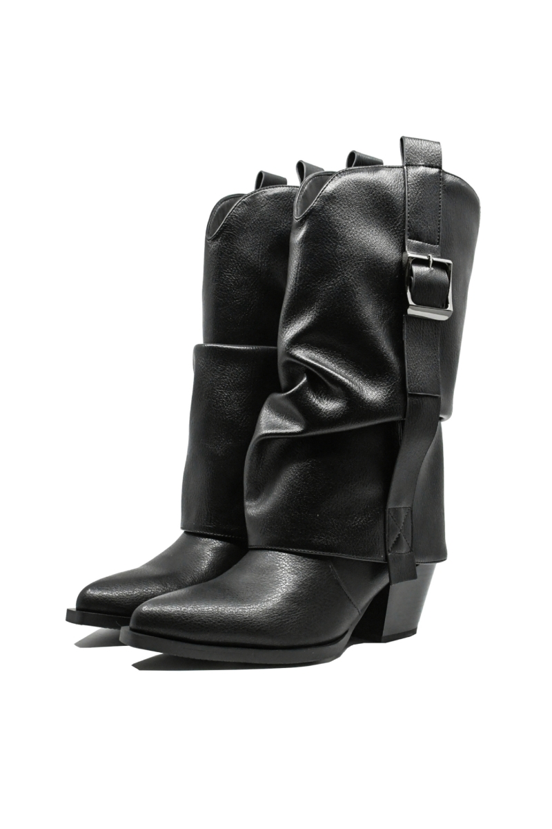 Imagine Cizme ciocate damă negre din piele naturală, cu carâmb suprapus  OTR70001