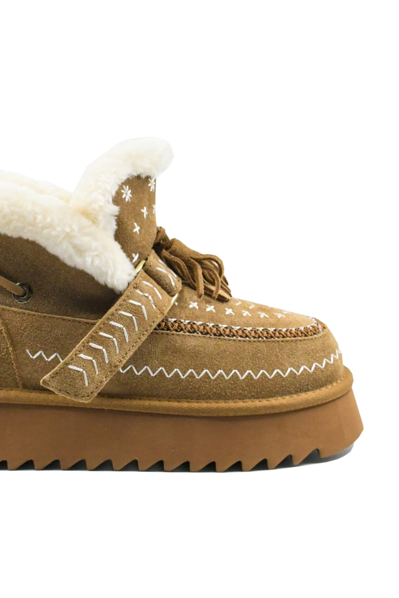 Imagine Ghete damă cu blăniță și broderie, camel, din piele întoarsă GOR113-4