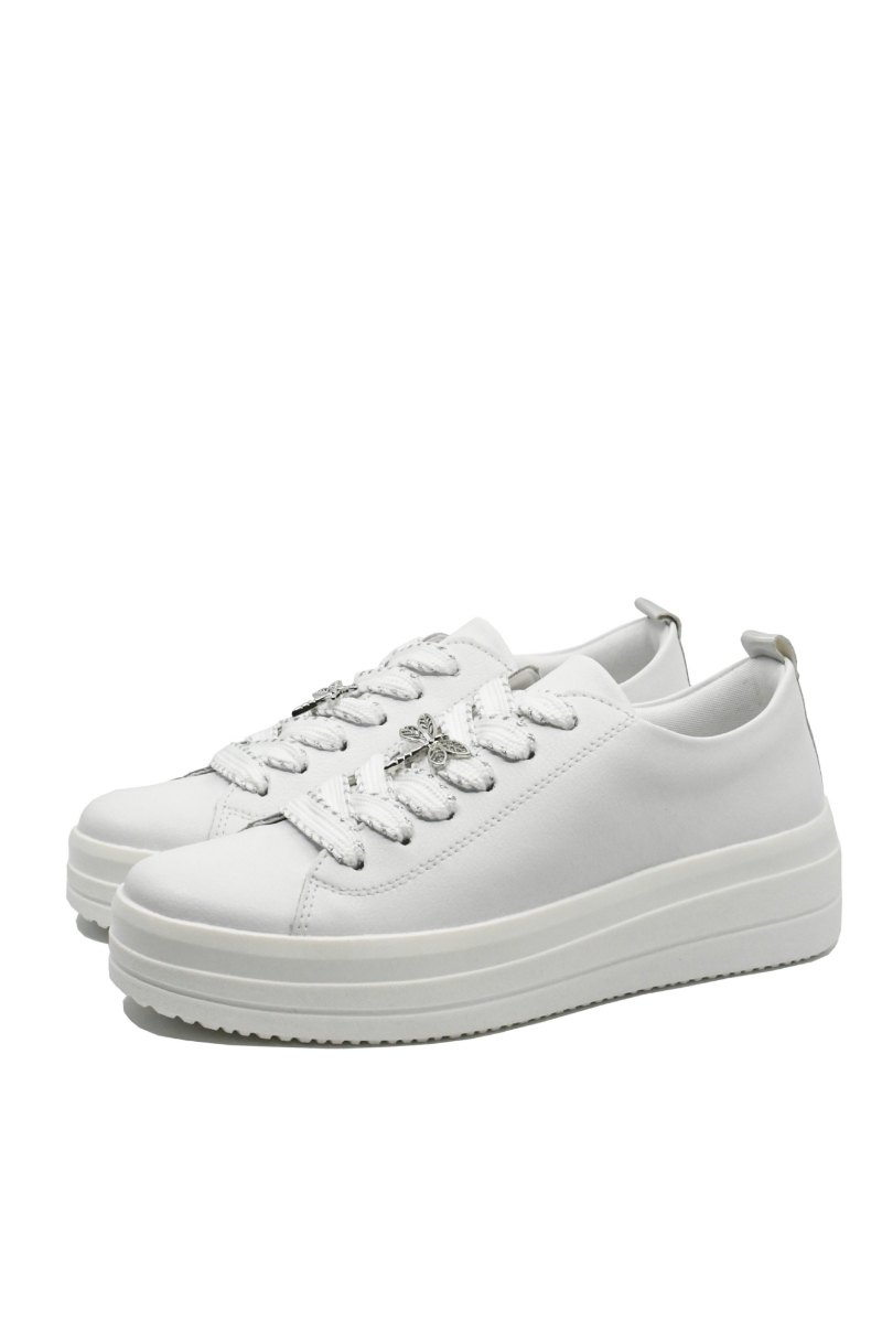 Imagine Pantofi sport dama albi din piele naturală, cu broșă libelulă argintie REMD1C03-82