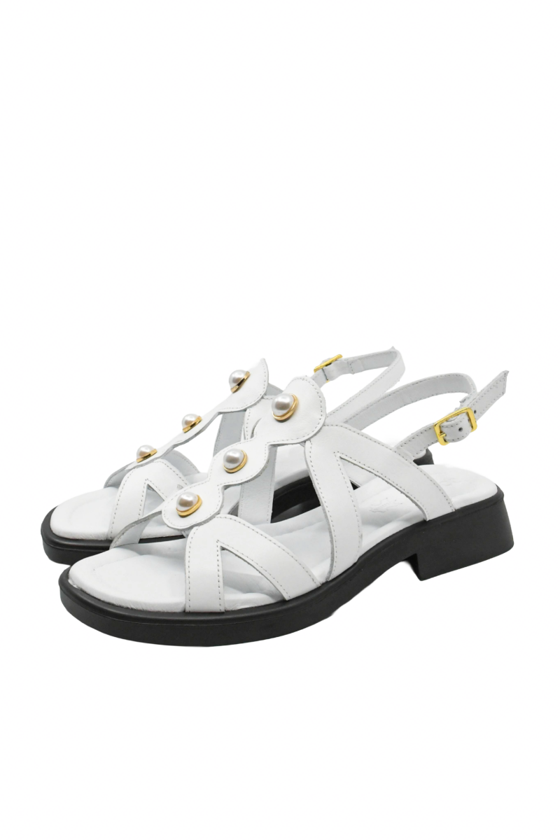 Imagine Sandale joase albe din piele naturală, cu barete și perle aplicate MIR211