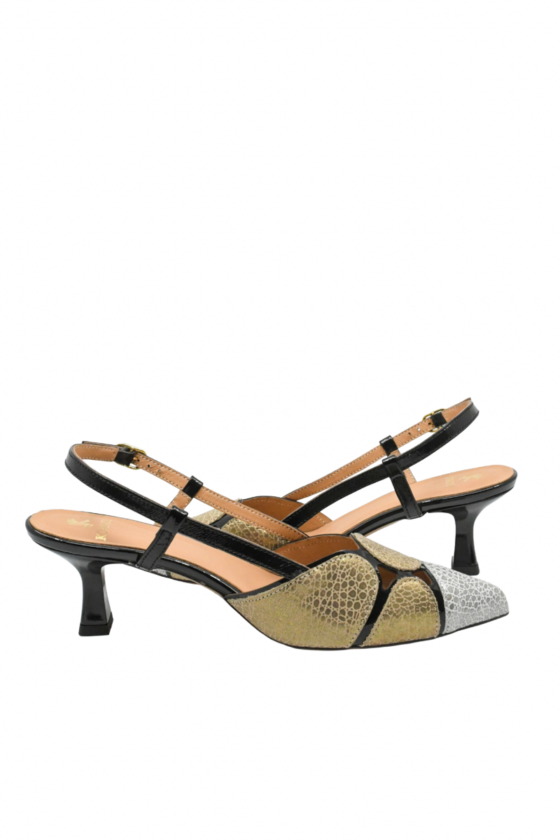 Imagine Pantofi decupați cu toc kitten, negri din piele naturală cu detalii croco KOR3042