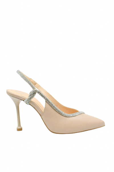 Imagine Pantofi decupați cu toc stiletto, bej din piele naturală cu baretă argintie KOR3060